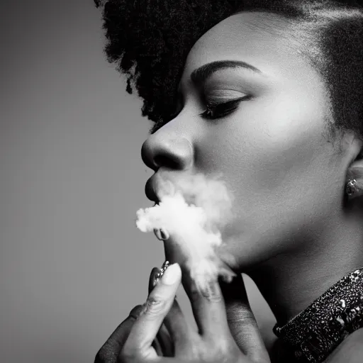 Image similar to a photography of a black woman blowing smoke. black and white, 8 k