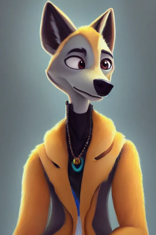 Prompt: oil painting of anthromorphic female wolf, in style of cory loftis, female fursona, furry, furaffinity, 4 k, deviantart, furry art, fursona art, wearing black business suit, business suit, in style of zootopia, wolf fursona, cyberpunk, female, very expressive detailed feminine face,