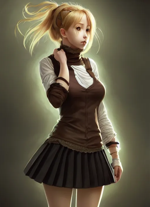 Image similar to portrait of a full body of beautiful young female detective, d & d, sleeveless turtleneck, pleated skirt, fantasy, flat lighting, intricate, highly detailed, digital painting, artstation, concept art, smooth, sharp focus, illustration, misa amane, art by simon bisley and greg rutkowski and alphonse mucha, natural tpose