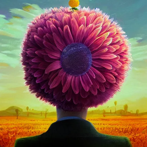 Prompt: giant daisy flower on head, frontal, girl in a suit, surreal photography, sunrise, dramatic light, impressionist painting, digital painting, artstation, simon stalenhag