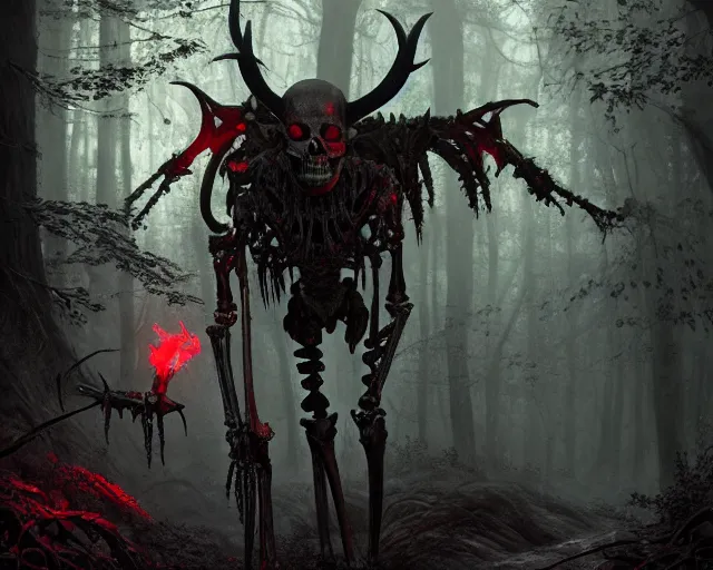 Prompt: 5 5 mm portrait photo of an armored demonic human skeleton with horns and red eyes, in a magical forest. dark atmosphere. art by greg rutkowski. highly detailed 8 k. intricate. lifelike. soft light. nikon d 8 5 0.