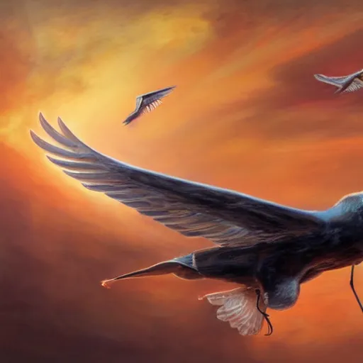 Image similar to elon musk with wings, flapping its wings flying in sunset sky, oil on canvas, portrait, intricate, 8k highly professionally detailed, HDR, CGsociety