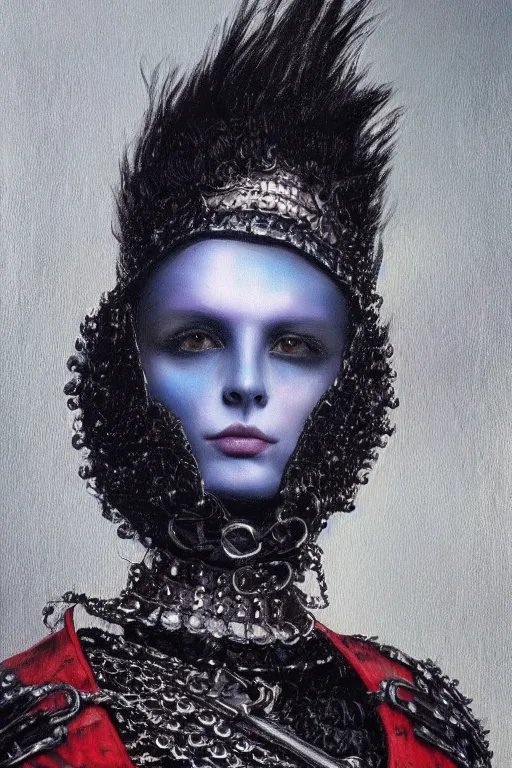 Image similar to hyperrealism oil painting, close - up portrait of punk gothic medieval brunette fashion model, knight, steel gradient mixed with nebula sky, in style of baroque