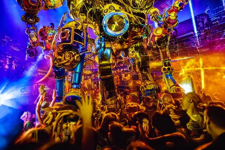 Image similar to scene is elrow party in amnesia ibiza, portrait photo of a giant huge golden and blue metal steampunk robot, with gears and tubes, eyes are glowing red lightbulbs, shiny crisp finish, 3 d render, 8 k, insaneley detailed, fluorescent colors, haluzinogetic, background is multicolored lasershow