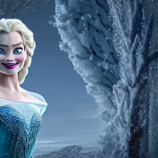 Image similar to Margot Robbie as Elsa in disney frozen live action, 8k full HD photo, cinematic lighting, anatomically correct, oscar award winning, action filled, correct eye placement,