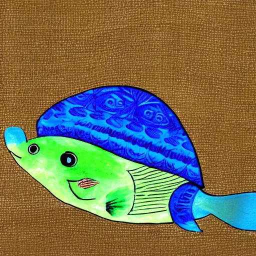 Prompt: a green fish wears a hat