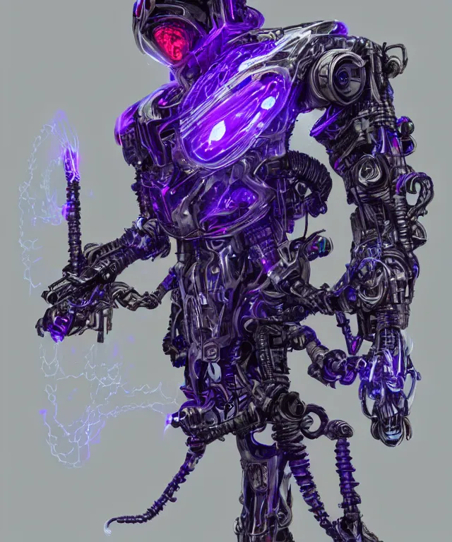 Image similar to Sci fi warlock armor made of mechanical parts conjuring necrotic energy, surrealism, smooth, intricate, elegant, demonic energy, power aura, neon glowing spells, surrealism , scifi, intricate mecha armor, elegant, highly detailed cybernetic body, neon glowing eyes, digital painting, artstation, concept art, smooth, sharp focus, illustration, art by Artgerm and moebius and Peter Mohrbacher