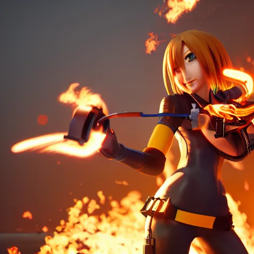 Prompt: render of an anime girl with a flamethrower, beautiful face, octane render, high quality, golden hour, 4k, trending on artstation