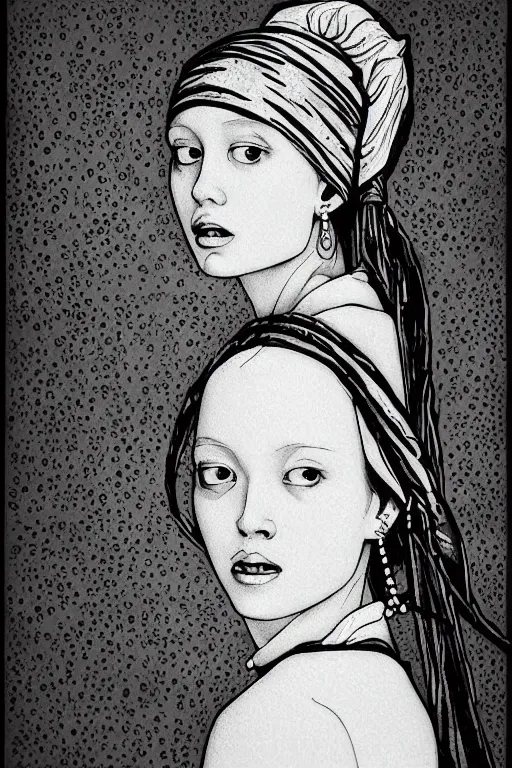 Image similar to beautiful portrait of a woman, negative no not the girl with a pearl earring, highly detailed ink illustration of a narrow neon lit tokyo alley, b & w clean shaped illustration by kim jung gi, ric estrada, ron english and eiichiro oda