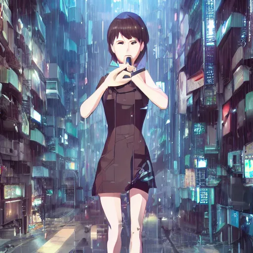 Prompt: android mechanical cyborg girl in overcrowded urban dystopia raining makoto shinkai wide angle