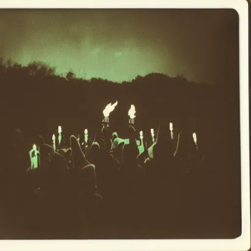 Image similar to old polaroid depicting cultists with torches, at a clearing, at dusk, green tentacles everywhere