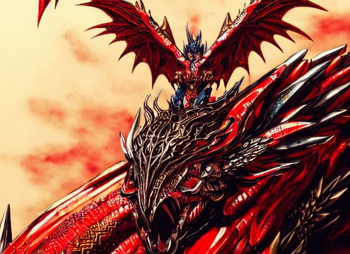 Image similar to Majestic winged dragon with ornate red and gold scales. In style of Yoji Shinkawa and Hyung-tae Kim, trending on ArtStation, dark fantasy, great composition, concept art, highly detailed.