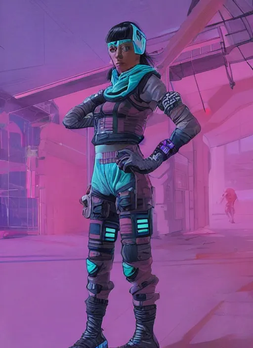 Image similar to apex legends cyberpunk athlete in pink jumpsuit. concept art by james gurney and mœbius. cinematic, hyper realism, realistic proportions, dramatic lighting, high detail 4 k