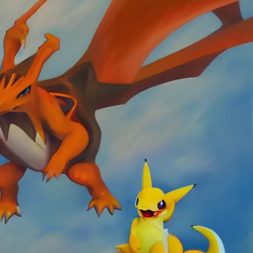 Prompt: an oil painting of the pokemon charizard, 4k