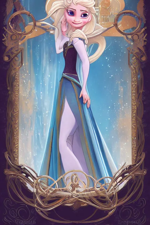 Image similar to elsa from frozen as steampunk princess, blonde hair, high fantasy, dnd, smooth, sharp focus, illustration, highly detailed, digital painting, artstation, concept art, by disney animation, rossdraws, alphonse mucha, frank fanzzeta, collectible card art