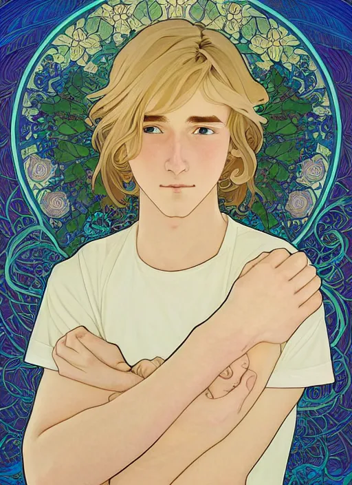 Image similar to book cover, pretty young man with shoulder length blond hair, male, half body shot, flower pattern background, path traced, highly detailed, high quality, digital painting, by studio ghibli and alphonse mucha, leesha hannigan, hidari, art nouveau, chiho aoshima, jules bastien - lepage