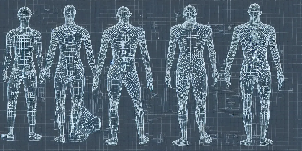 Prompt: hyper - detailed, intricate detail, many human torso wireframe, 3 d isometric layout, sensors, dashboard, heartbeat, high detail, precise lines, angular, vector, biometric sensors, technical diagram, wearables, glowing, future
