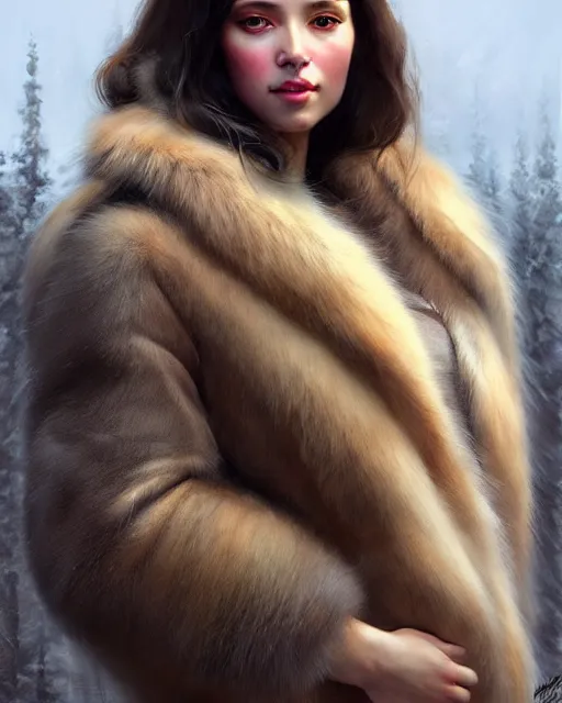 Prompt: a beautiful siberian girl with bear fur coat and decollete | | realistic shaded, unpleasant face, bad looking, fine details, realistic shaded lighting poster by greg rutkowski, magali villeneuve, artgerm, jeremy lipkin and michael garmash and rob rey