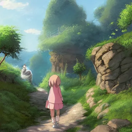 Prompt: the girl and the cat. morning in a small village in the mountains, rocky roads, beautifull puffy clouds. anime, studio ghibli. intricate, elegant, super highly detailed, professional digital painting, artstation, concept art, smooth, Unreal Engine 5, 8k resolution, cinema 4d, 3D, beautiful, cinematic