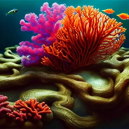 Image similar to unique non-conventional beauty, ornamental fish and corals and seaweed, surreal, intricate, etheric, floating, sensual, dramatic lighting, emotionally evoking symbolic metaphor, painterly, insanely detailed, lifelike, digital painting, artstation, concept art, smooth, sharp focus, illustration, art by John Collier and Krenz Cushart and Artem Demura and Alphonse Mucha and Albert Aublet