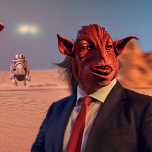 Image similar to (Boris) Johnson as Jar Jar Binks, volumetric lighting, hyperdetailed, in frame, desert landscape