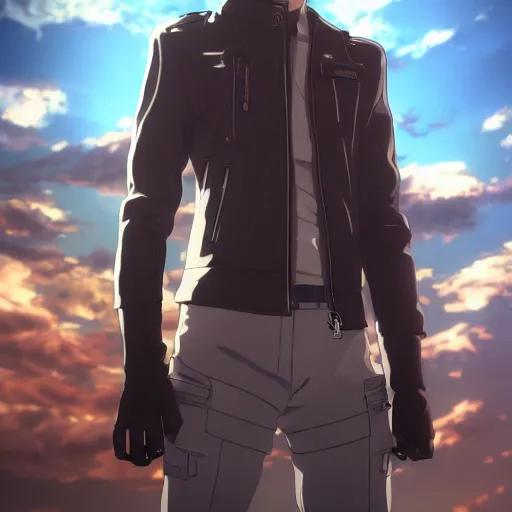 Image similar to an epic anime of a man energy, leather jacket, leather gloves, ghibli, unreal 5, octane render, rpg portrait, dynamic lighting, epic, epic anime, 2 d