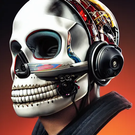 Prompt: a portrait of an anthropomorphic cyberpunk skull in a racing helmet by sandra chevrier, detailed render, tape deck, boombox, headphones, epic composition, cybernetics, 4 k realistic, cryengine, realistic shaded lighting, sharp focus, masterpiece, by matteo scalera, gary montalbano, peter elson in the style of the tokyo ghost comic