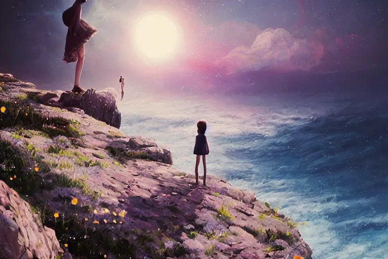 Image similar to giant white daisy flower over head, girl standing on rocky cliff, surreal photography, eclipse, milky way, dramatic light, impressionist painting, colorful clouds, digital painting, artstation, james gilleard, liam wong, jeremy mann, simon stalenhag