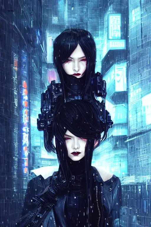 Prompt: portrait futuristic devilish cyberpunk young female Assassin, in futuristic stormy heavy snowy tokyo rooftop cyberpunk night, ssci-fi, fantasy, intricate, very very beautiful, elegant, neon light, highly detailed, digital painting, artstation, concept art, soft light, hdri, smooth, sharp focus, illustration, art by tian zi and craig mullins and WLOP and alphonse mucha