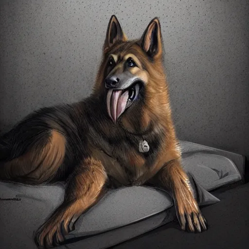 Image similar to a humanoid german shepherd beast - man in military style, sitting on the carpeted floor beside a bed, highly detailed portrait, digital painting, artstation, concept art, smooth, sharp foccus ilustration, artstation