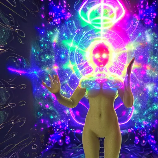 Image similar to full body character + beautiful female neopunk wizard opening a portal to the sidereal multiverse, mandelbrot neuro web, intricate galaxy inlay + ultra high detail, plasma neon internal glow, precise, consciousness projection, astral projection, laser sharp, octane render + unreal render + photo real, 8 k, volumetric lighting high contrast