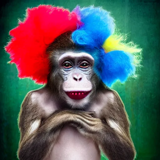 Prompt: a photo of a monkey with ( ( clown paint ) ), sidelit, a stock photo by paul harvey, shutterstock contest winner, neo - primitivism, creative commons attribution, behance hd, freakshow