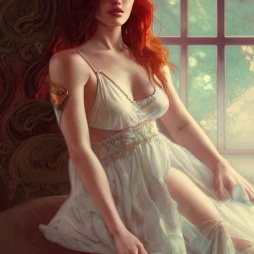 Image similar to ultra realistic illustration, bella thorne, nightgown, intricate, elegant, highly detailed, digital painting, artstation, concept art, smooth, sharp focus, illustration, art by artgerm and greg rutkowski and alphonse mucha