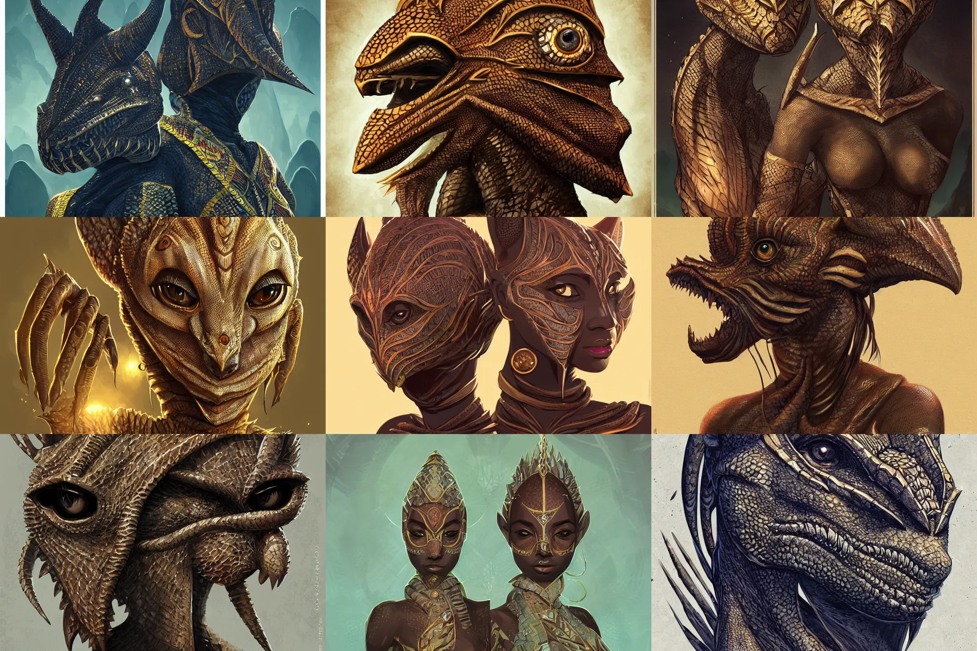 Prompt: african argonian! symmetrical portrait, beautiful sentient creature cute elegant, epic fantasy digital art by mohrbacher and guweiz and ilya kuvshinov, west africa mask patterns style, artstation, smooth, sharp focus