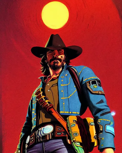 Image similar to mccree from overwatch, space cowboy, outter space, character portrait, portrait, close up, concept art, intricate details, highly detailed, vintage sci - fi poster, retro future, vintage sci - fi art, in the style of chris foss, rodger dean, moebius, michael whelan, and gustave dore