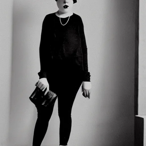 Image similar to female streetwear blogger, in the 1920s, full body portrait shot, face visible, photo from 2022