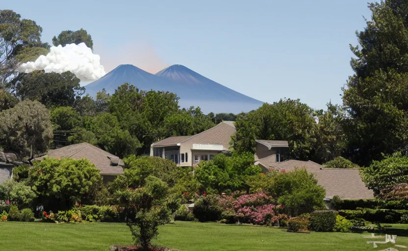 Image similar to suburban house and yard with small volcano erupting in the yard foreground, ground level