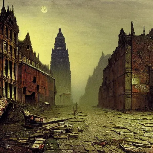 Prompt: the dead city, ruined buildings like broken teeth, artwork by John Atkinson Grimshaw