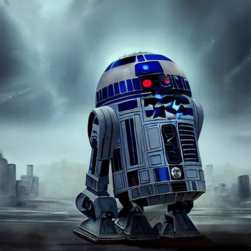 Prompt: r2d2 kaiju futuristic dystopian city storm clouds