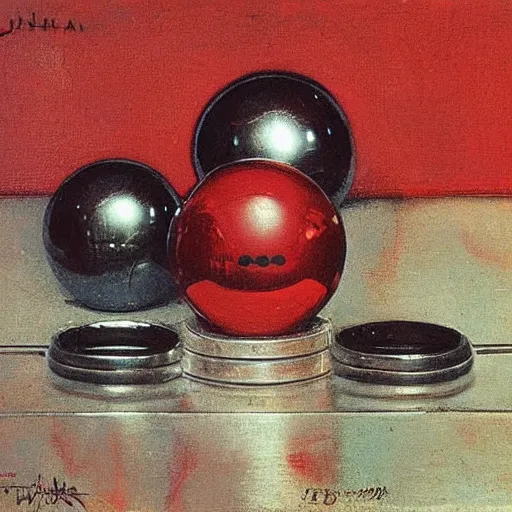Prompt: chrome spheres on a red cube by john william waterhouse