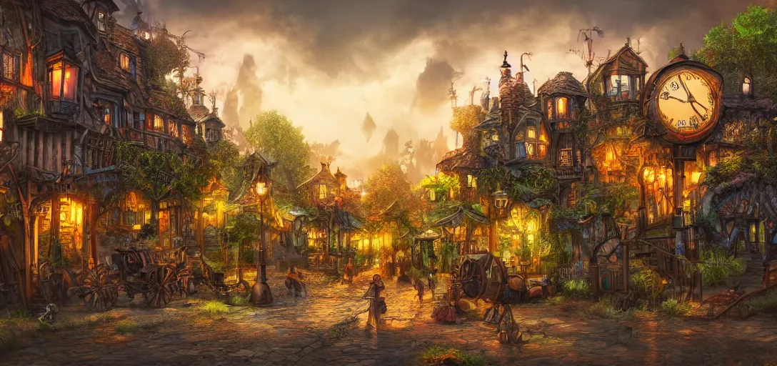 Image similar to Look of a steampunk village, full daylight, evening, cartoon moody scene, digital art, 8k, colorful details of lush nature covering the streets