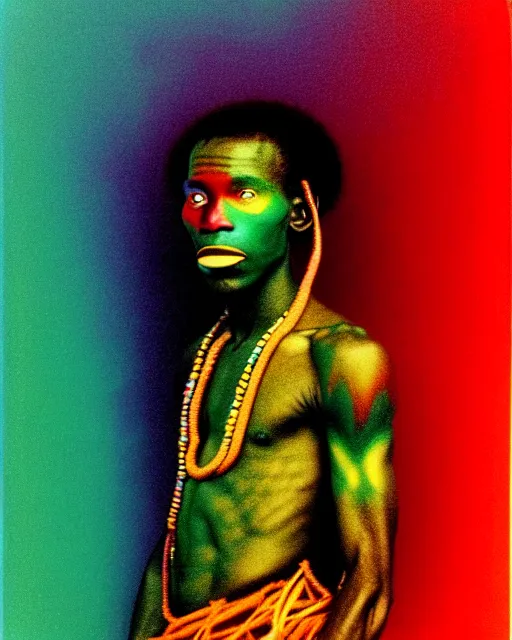 Image similar to a colorful chromatic abberation, 9 0 s toy commercial, double exposure photo from the 7 0 s, polaroid photo of a african tribal warrior, by zdzislaw beksinski, by ernst haeckel