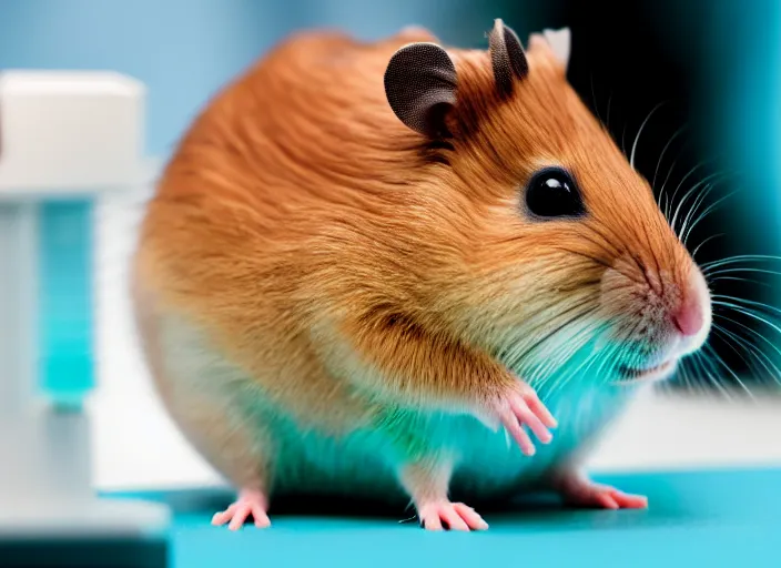 Image similar to film still of a hamster working in a research lab using a tiny microscope, 8 k