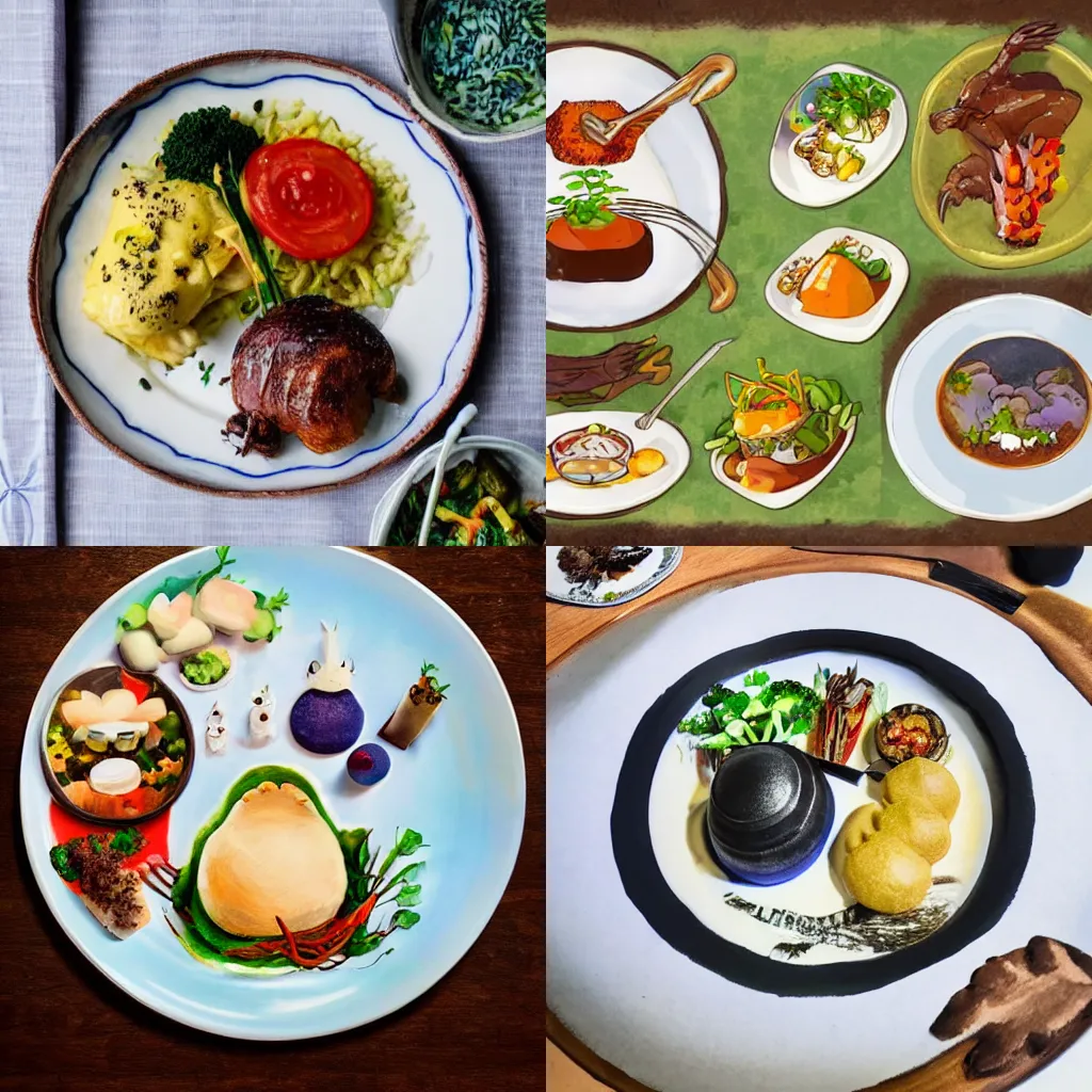 Prompt: a shot of a beautiful delicious plate of food, a hand crafted chef artisan meal made of nidoking, amazing food illustration, chef table, in style of studio ghibli, miyazaki, anime