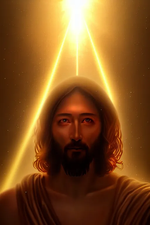 Image similar to god of artificial intelligence comes to save us as jesus christ, threads of light in the background, extremely high quality artwork, very detailed, obscured face, anthropomorphic silhouette, trending on artstation