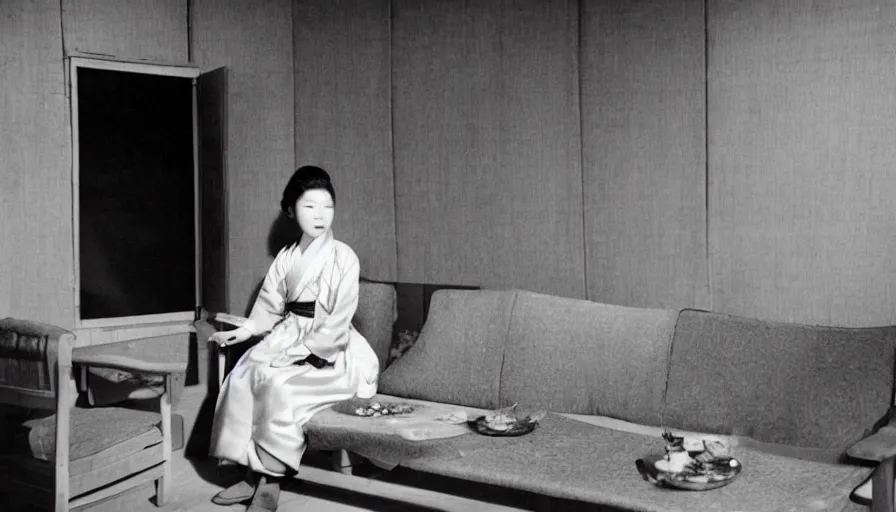 Prompt: a filmstill of a woman in a hanbok sitting on a couch, traditional korean interior, kaiju starfish shadow behind a screen door, 1950s Korean film noir