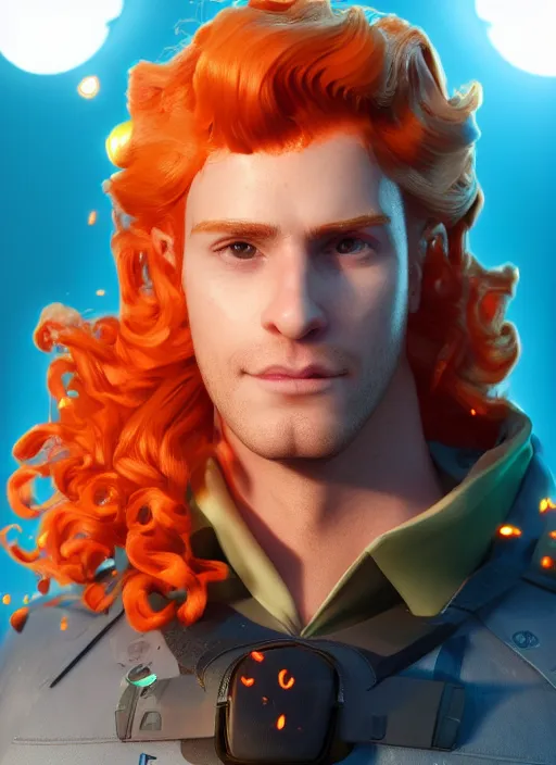 Image similar to glowwave portrait of curly orange hair man as a agent, au naturel, hyper detailed, digital art, trending in artstation, cinematic lighting, studio quality, smooth render, unreal engine 5 rendered, octane rendered, art style by pixar warner bros dreamworks disney riot games and overwatch