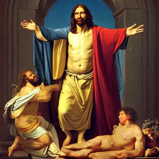 Image similar to Portrait of Will Ferrell as Jesus, heavenly vision, Jacques-Louis David, Musée du Louvre