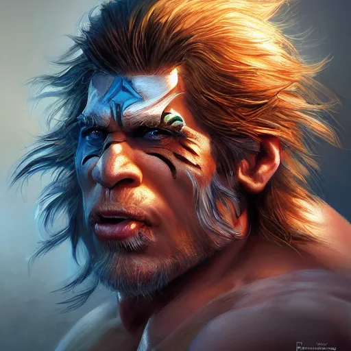 Image similar to The ultimate warrior, WWF, cinematic lighting, highly detailed, digital painting, concept art, smooth, sharp focus, illustration, art by Artgerm and Greg Rutkowski