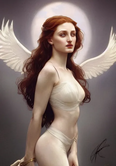 Image similar to sansa angeline jolie gessica chastain white skin, intricate, elegant, highly detailed, digital painting, artstation, concept art, smooth, sharp focus, illustration, art by artgerm and greg rutkowski and alphonse mucha and william - adolphe bouguereau